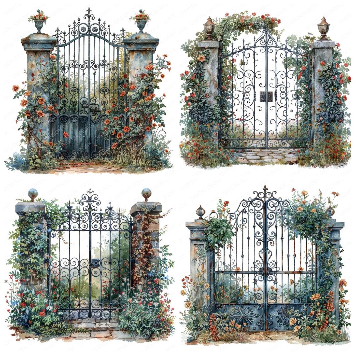 Wrought Iron Ornate Garden Gate Clipart Set (DDD007598)