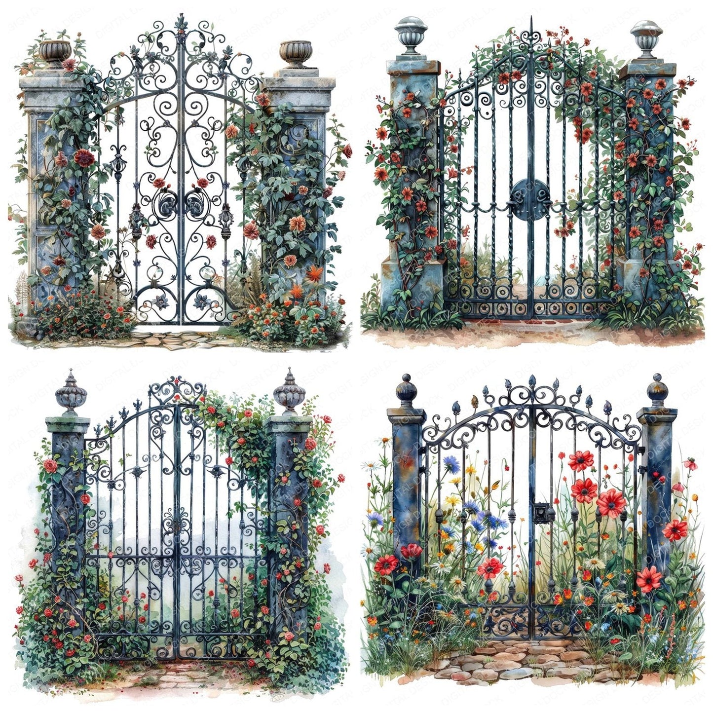 Wrought Iron Ornate Garden Gate Clipart Set (DDD007598)