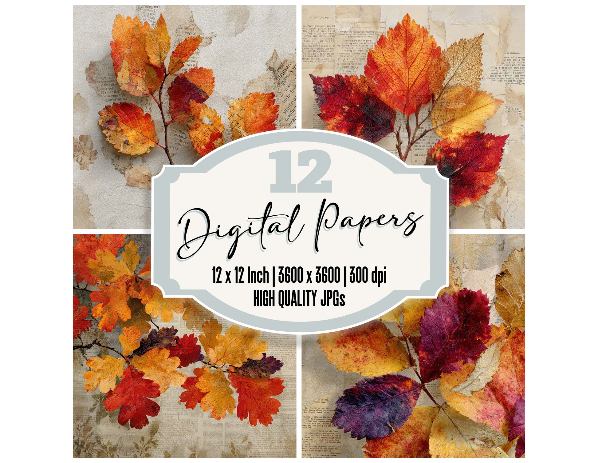 Autumn Leaves Book digital paper pack designed for background pages in junk journaling and paper craft projects