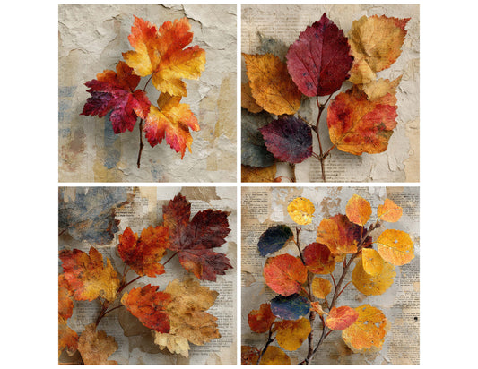 Close view of Autumn Leaves Book background papers highlighting collage composition and cohesive colour tones