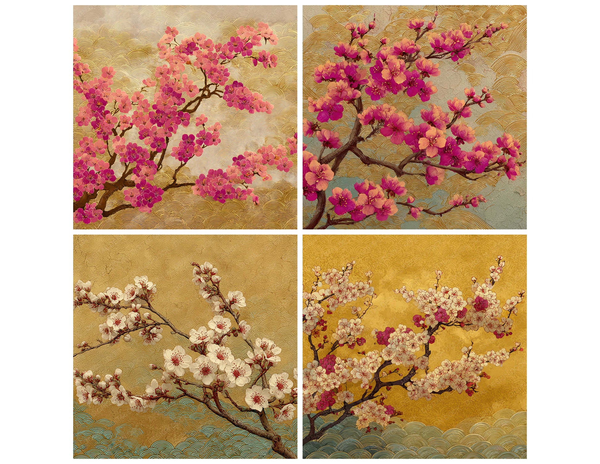 Close view of Blossom Wave Hokusai background papers highlighting collage composition and cohesive colour tones