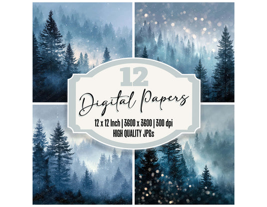 Blue Bokeh Pine digital paper pack designed for background pages in junk journaling and paper craft projects