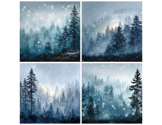 Preview layout showing Blue Bokeh Pine papers arranged as background pages for junk journals and mixed media crafts