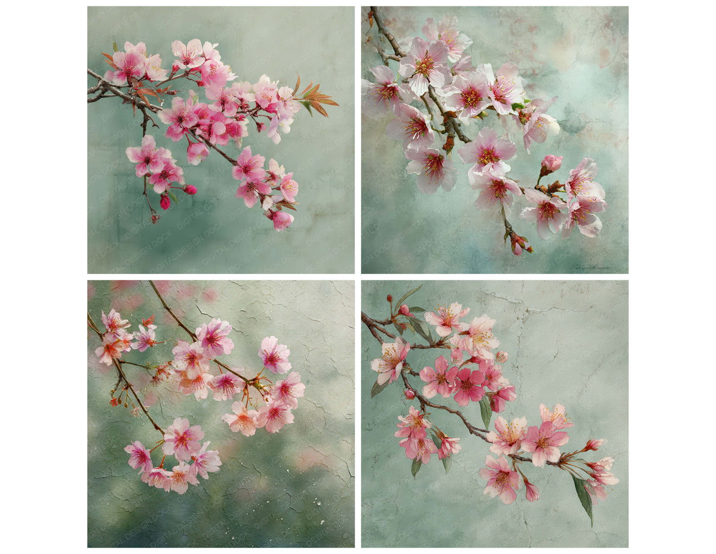 Preview layout showing Cherry Blossom Wash papers arranged as background pages for junk journals and mixed media crafts