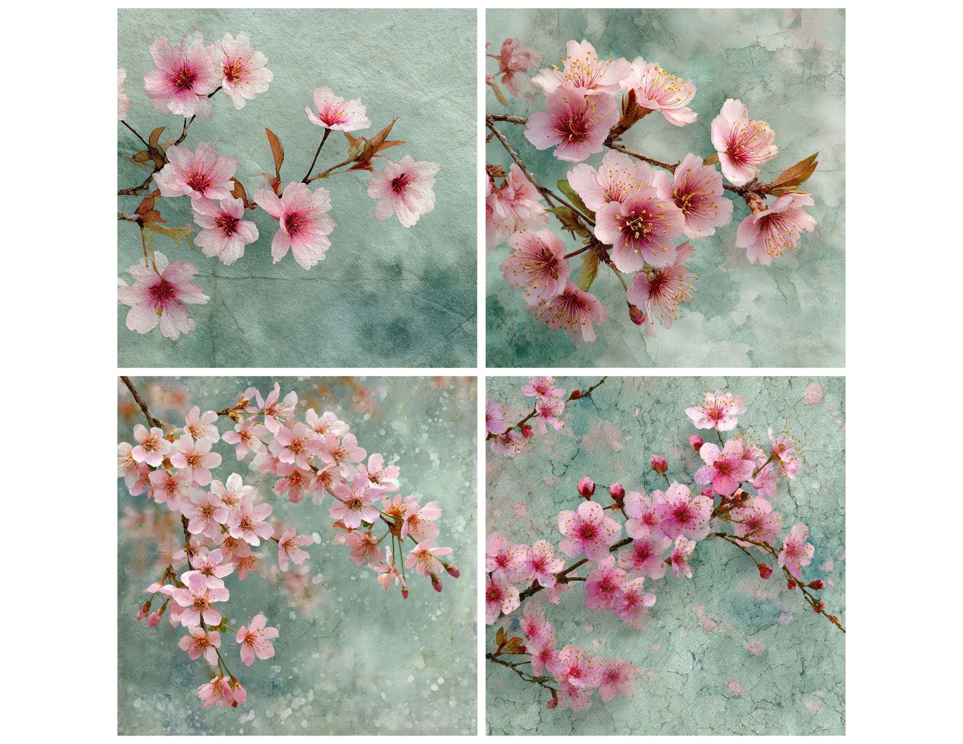 Close view of Cherry Blossom Wash background papers highlighting collage composition and cohesive colour tones