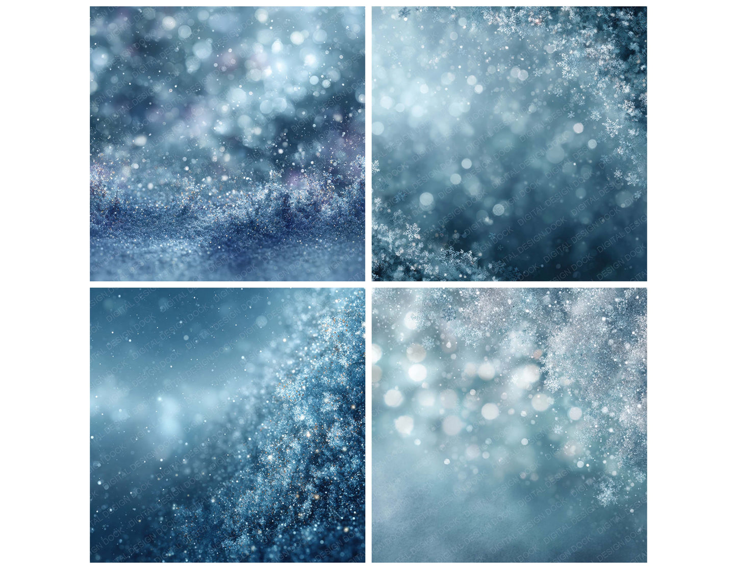 Preview layout showing Frost Glow Winter papers arranged as background pages for junk journals and mixed media crafts