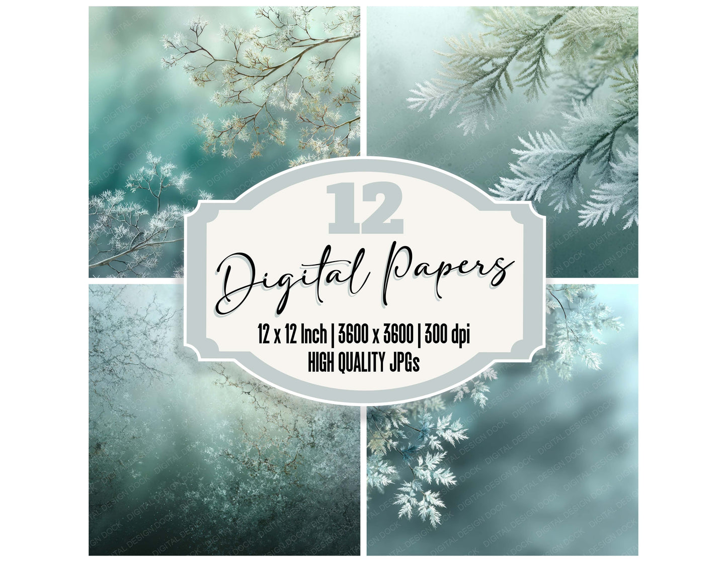 Frost Sage Winter digital paper pack designed for background pages in junk journaling and paper craft projects