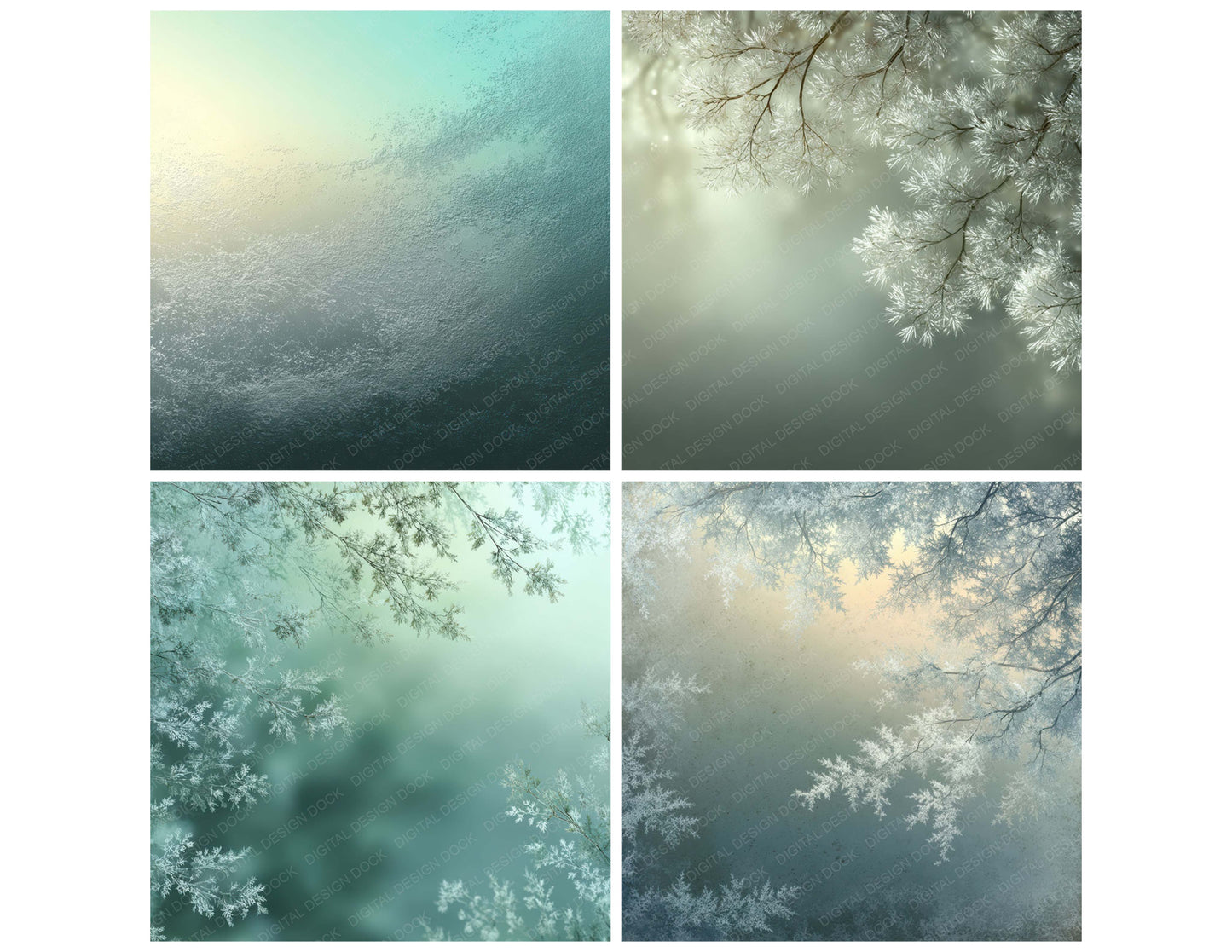 Close view of Frost Sage Winter background papers highlighting collage composition and cohesive colour tones