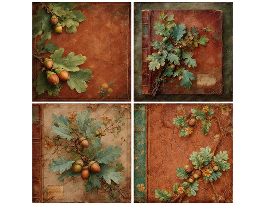 Preview layout showing Oak Leaf Leather papers arranged as background pages for junk journals and mixed media crafts