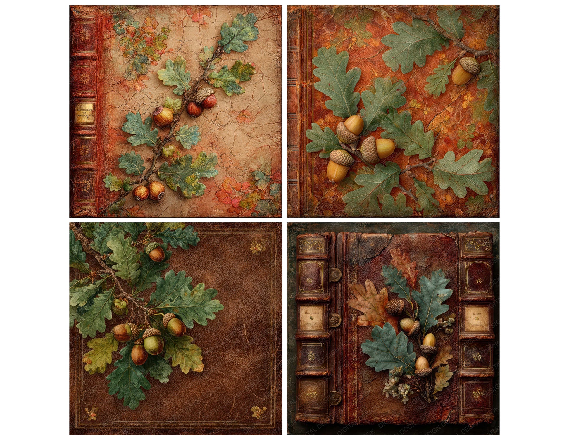 Close view of Oak Leaf Leather background papers highlighting collage composition and cohesive colour tones