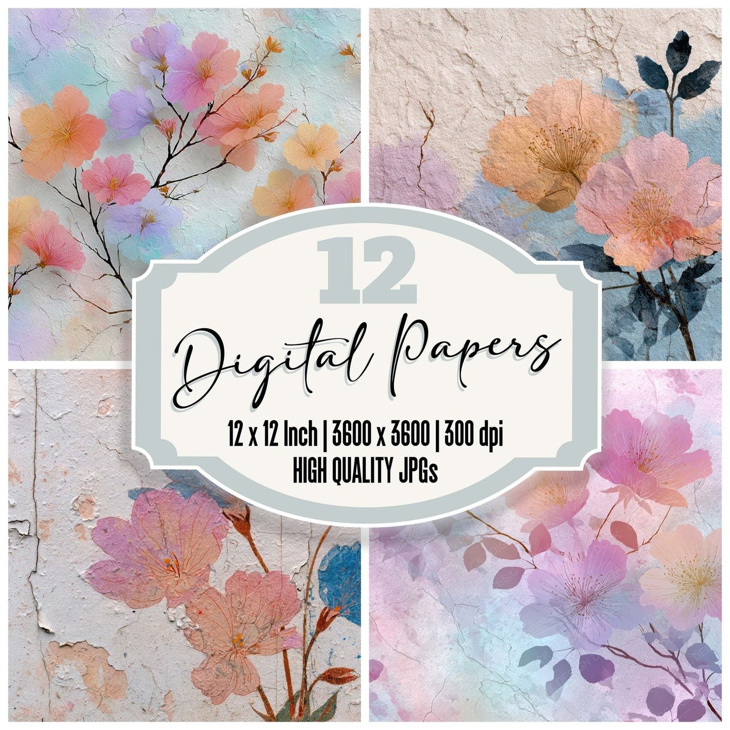 Almost White Rainbow Floral Wash Background Digital Paper Pack (DDD007748)