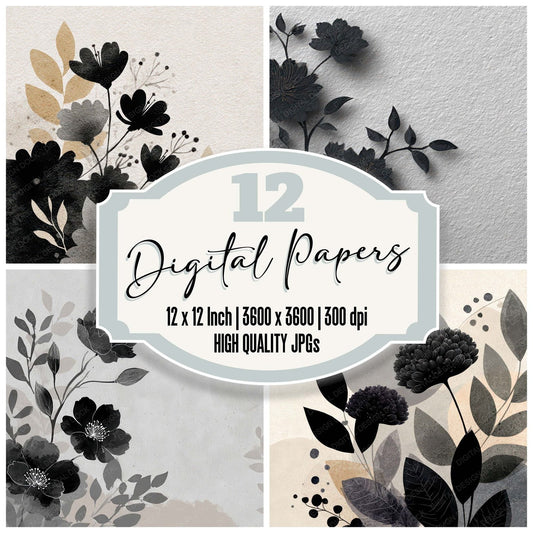Charcoal Floral Block Background Digital Paper Pack (DDD007750)