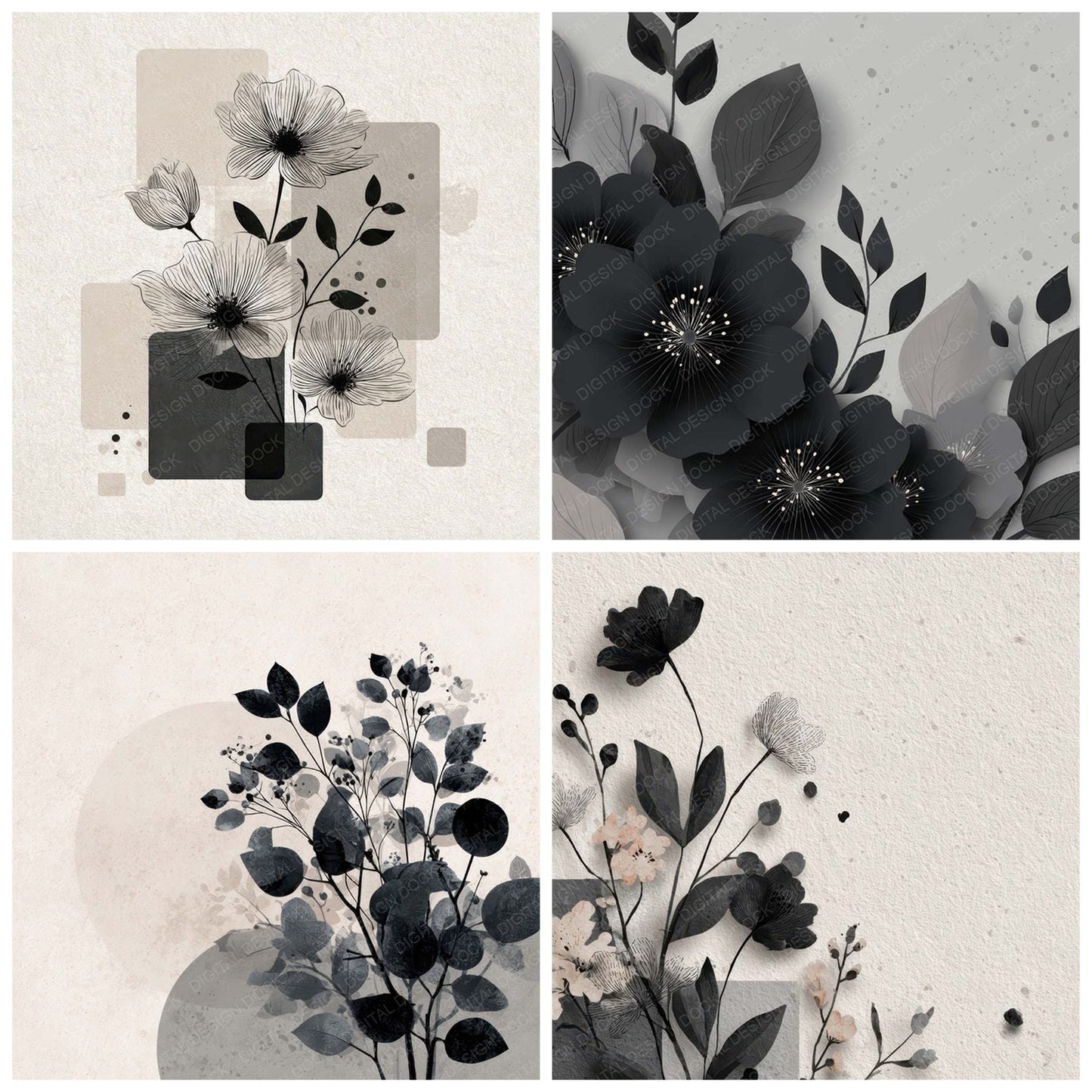 Charcoal Floral Block Background Digital Paper Pack (DDD007750)