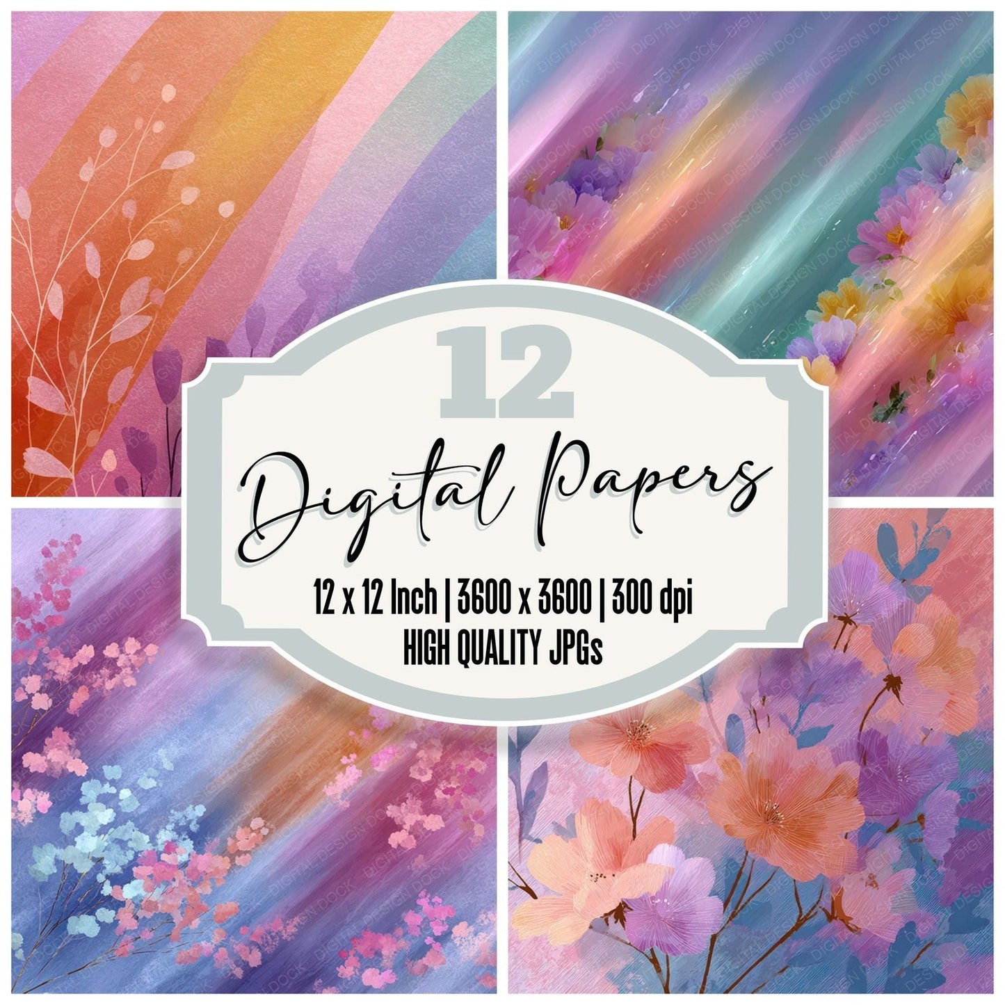 Drifted Neon Rainbow Floral Wash Background Digital Paper Pack (DDD007752)