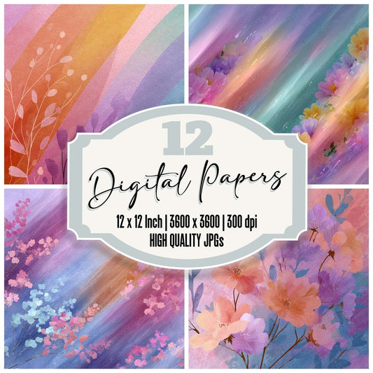 Drifted Neon Rainbow Floral Wash Background Digital Paper Pack (DDD007752)