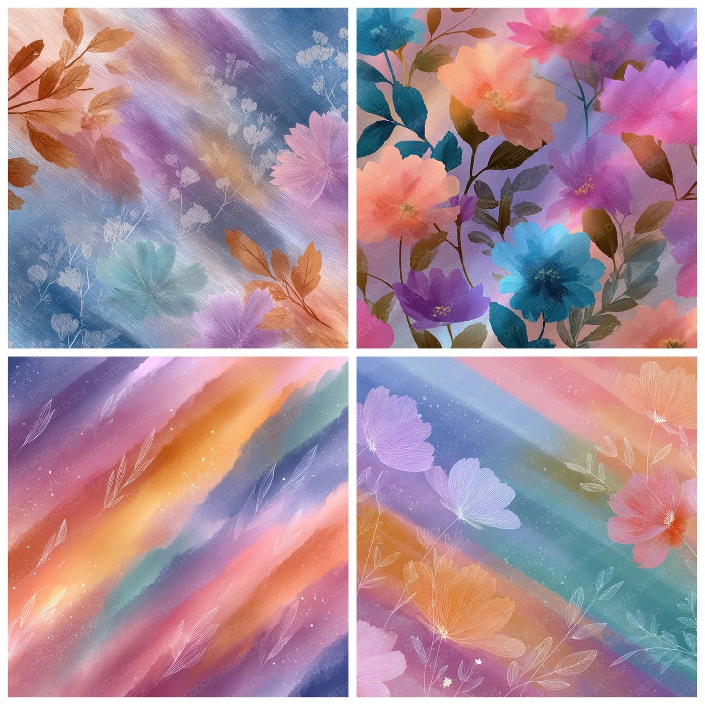 Drifted Neon Rainbow Floral Wash Background Digital Paper Pack (DDD007752)