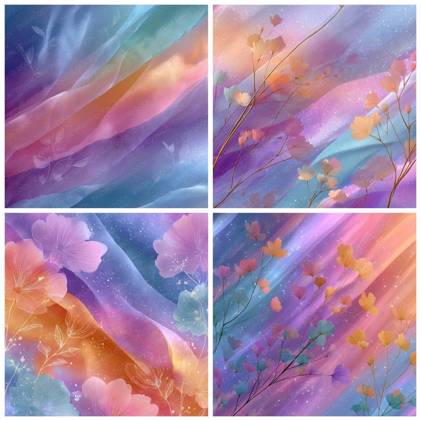 Drifted Neon Rainbow Floral Wash Background Digital Paper Pack (DDD007752)
