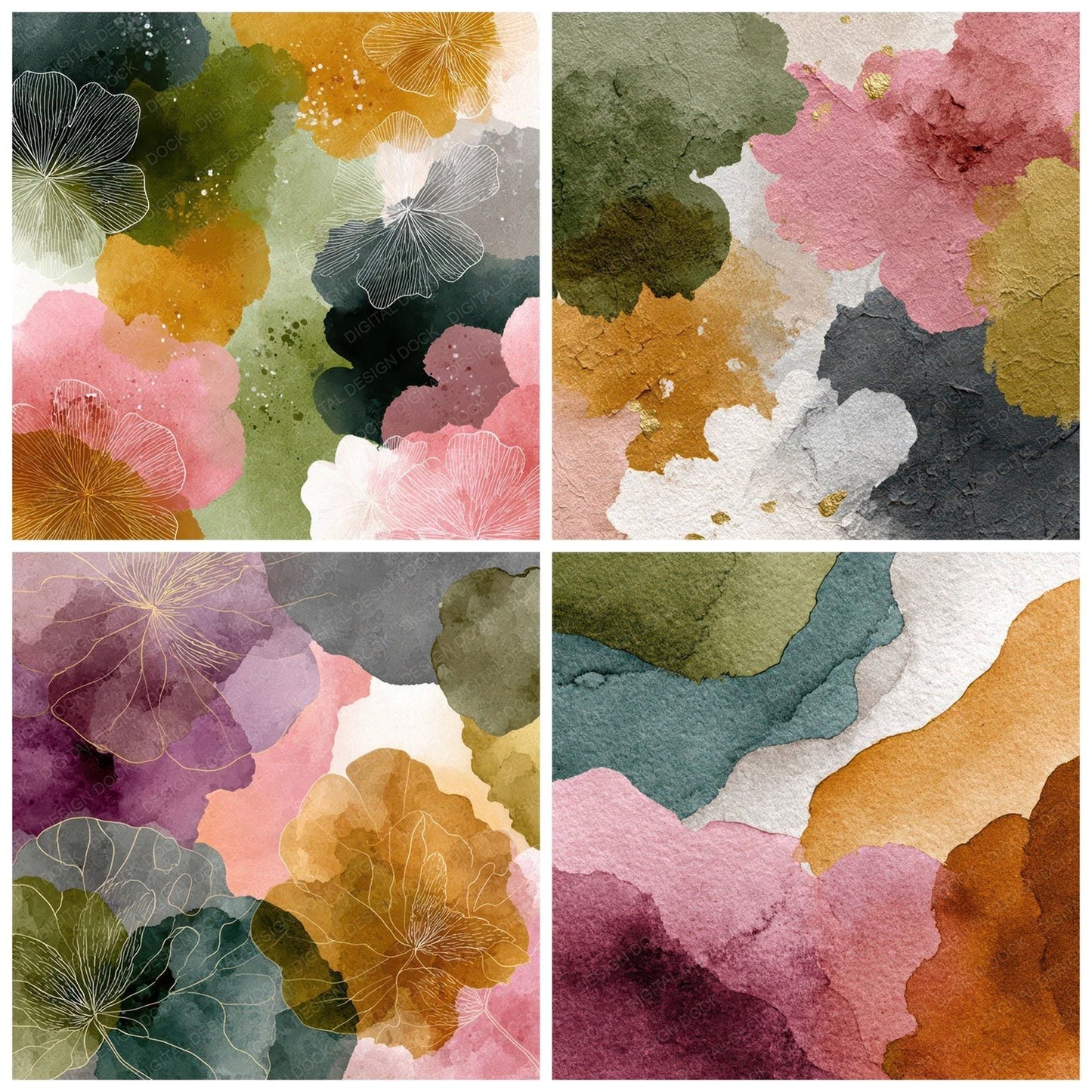 Earth Overlap Floral Wash Background Digital Paper Pack (DDD007753)