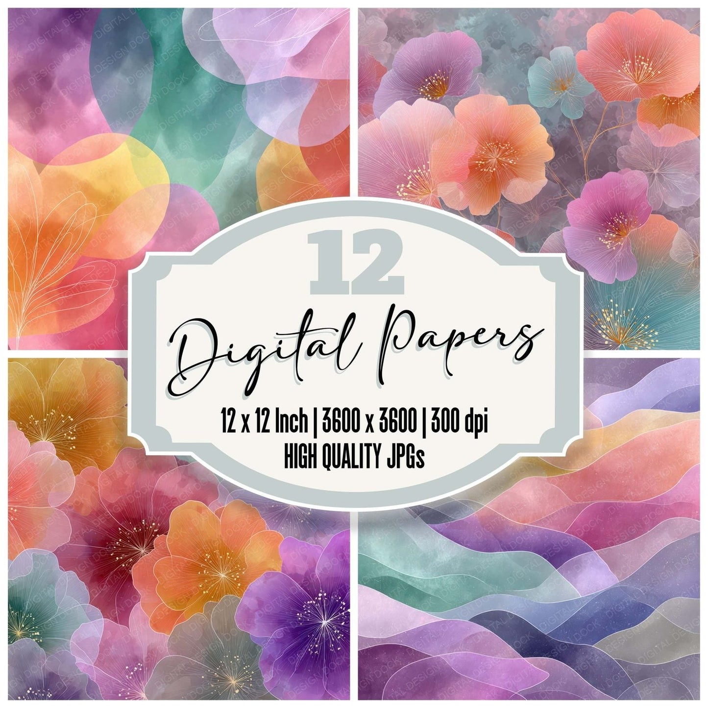 Fogged Neon Floral Rainbow Wash Background Digital Paper Pack (DDD007755)