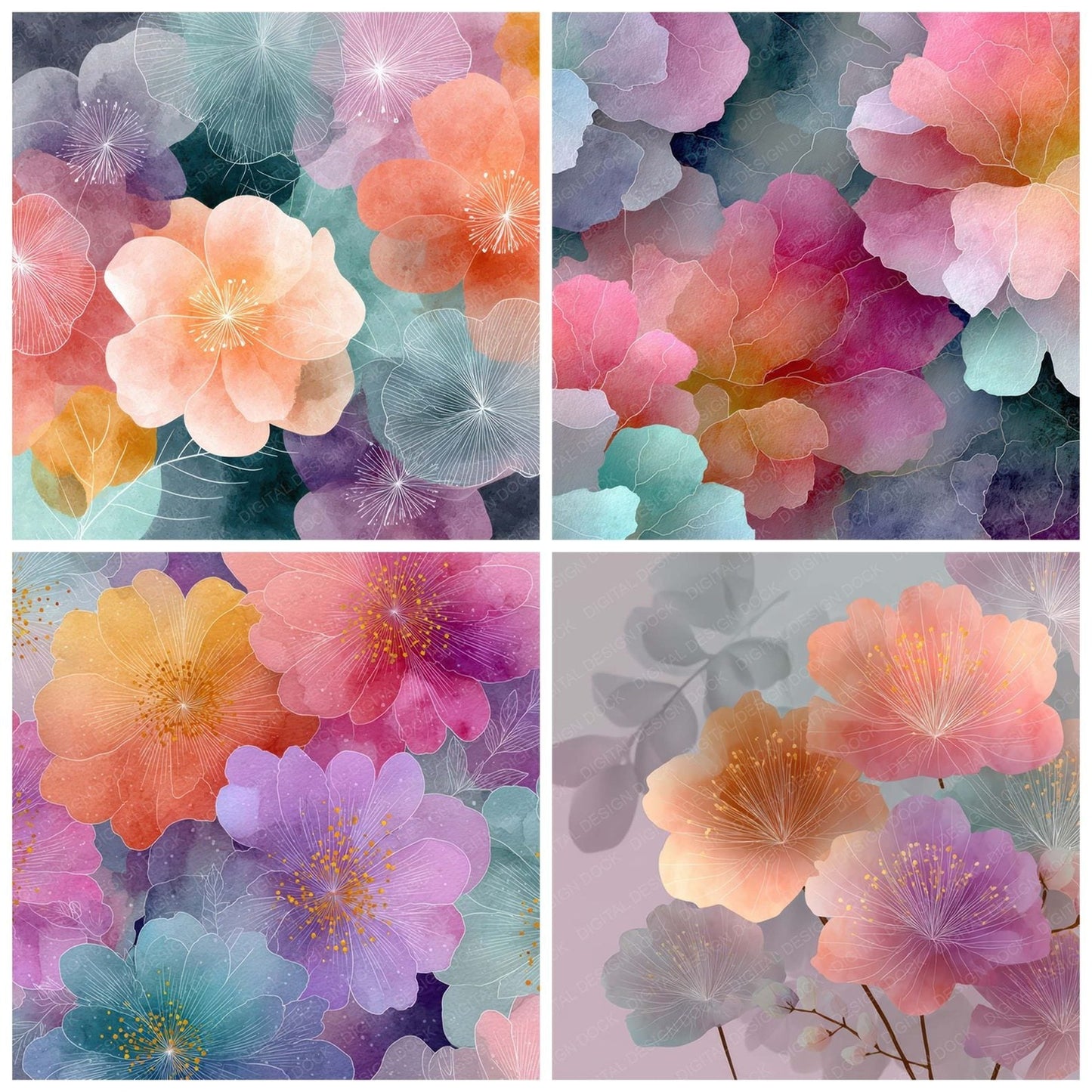 Fogged Neon Floral Rainbow Wash Background Digital Paper Pack (DDD007755)