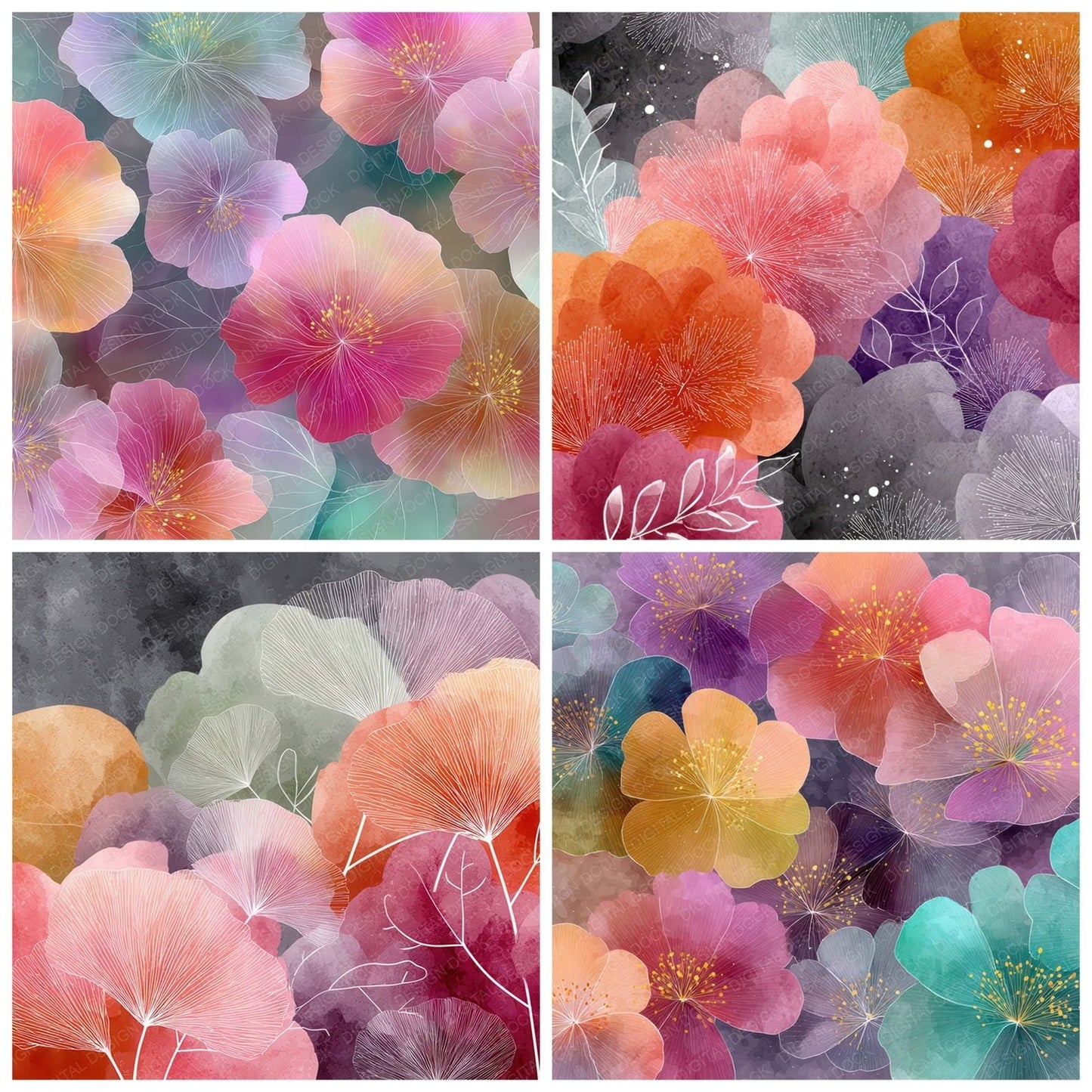 Fogged Neon Floral Rainbow Wash Background Digital Paper Pack (DDD007755)