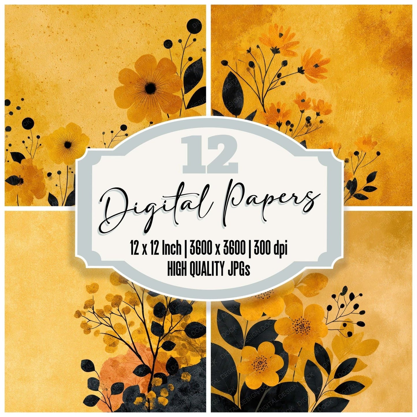 Mustard Floral Block Background Digital Paper Pack (DDD007757)