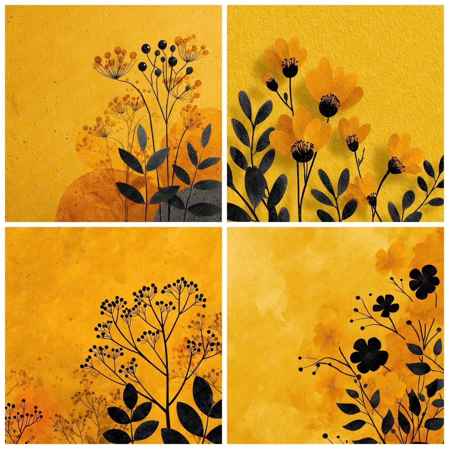 Mustard Floral Block Background Digital Paper Pack (DDD007757)