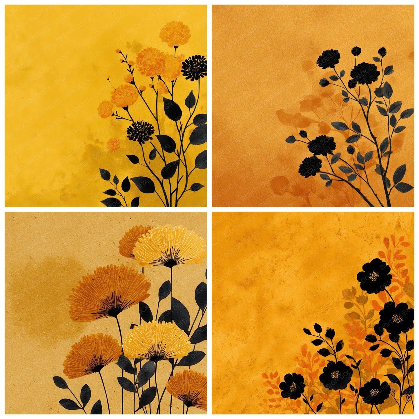 Mustard Floral Block Background Digital Paper Pack (DDD007757)