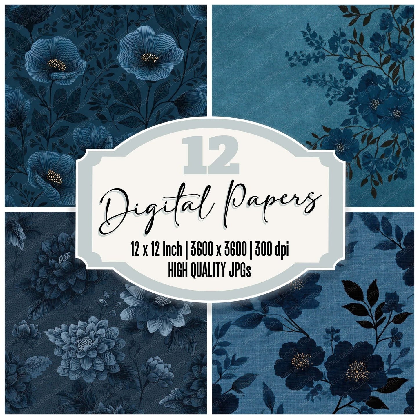 Navy Floral Block Background Digital Paper Pack (DDD007758)