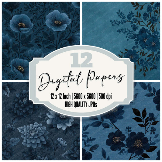 Navy Floral Block Background Digital Paper Pack (DDD007758)