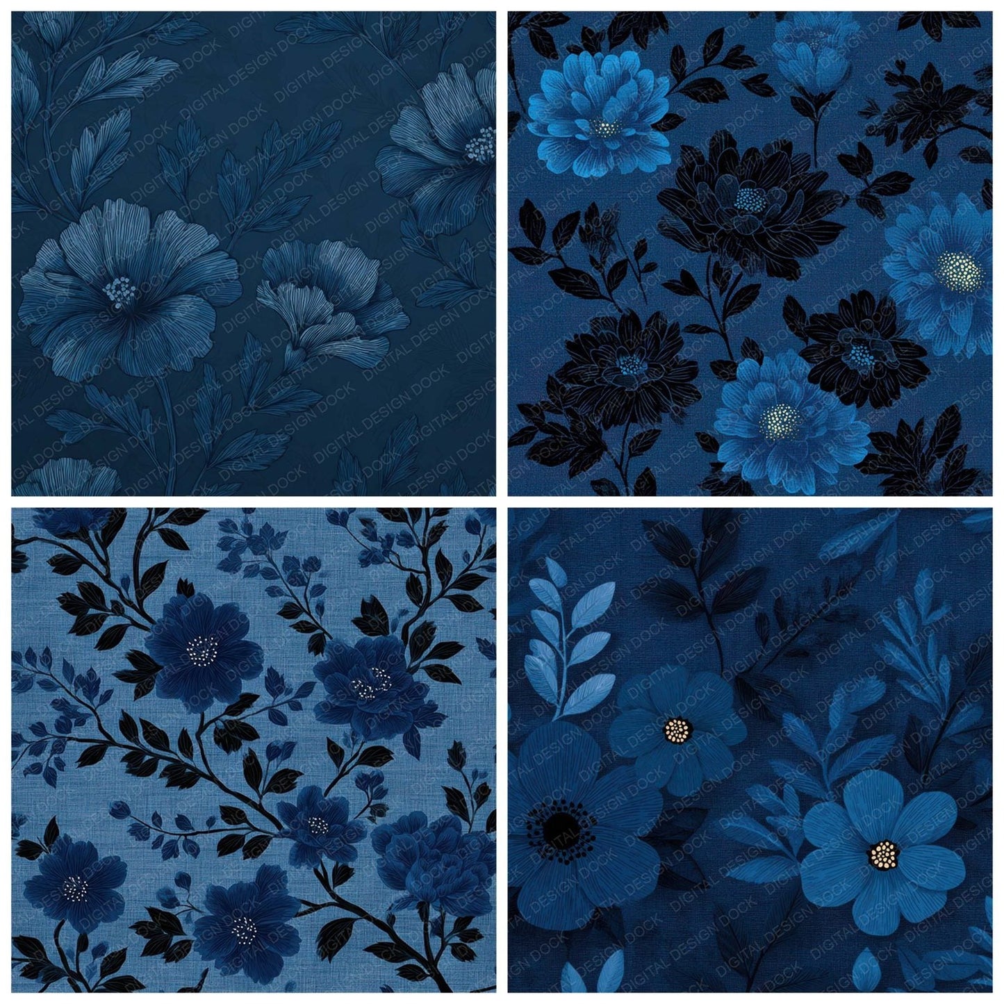 Navy Floral Block Background Digital Paper Pack (DDD007758)