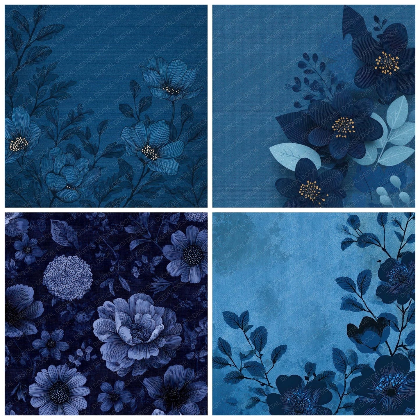 Navy Floral Block Background Digital Paper Pack (DDD007758)