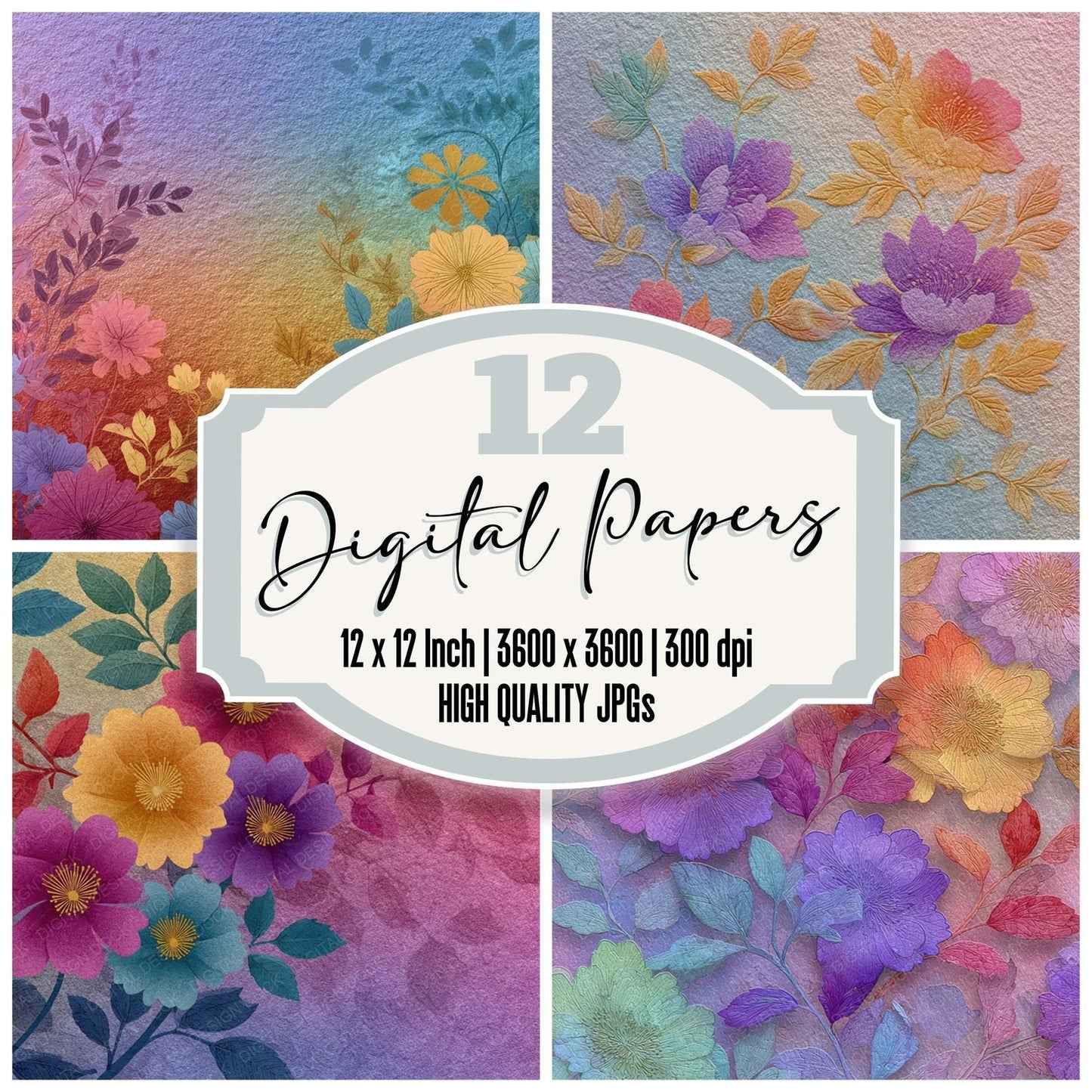 Neon Rainbow Floral Wash Background Digital Paper Pack (DDD007759)