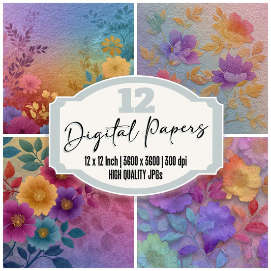 Neon Rainbow Floral Wash Background Digital Paper Pack (DDD007759)