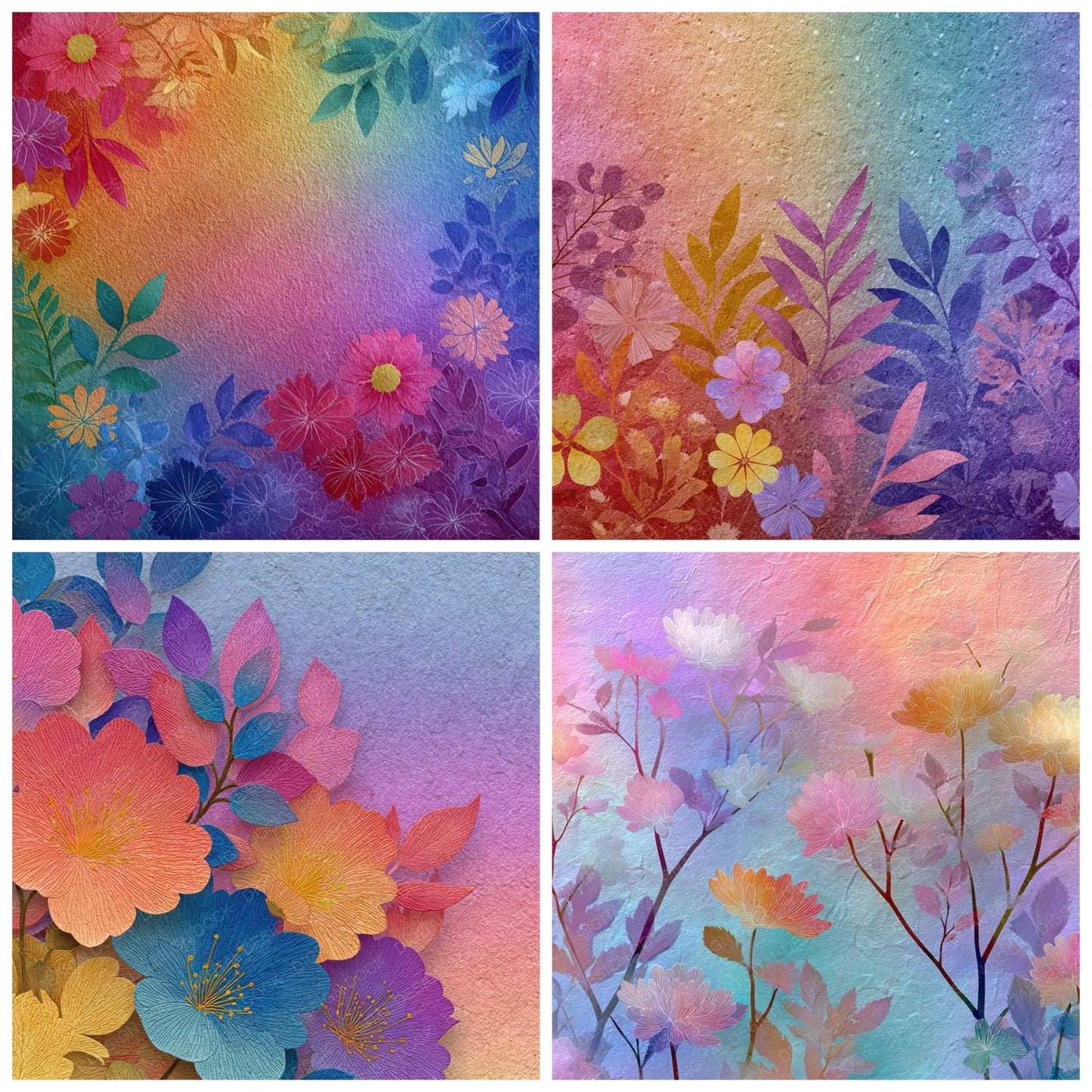 Neon Rainbow Floral Wash Background Digital Paper Pack (DDD007759)