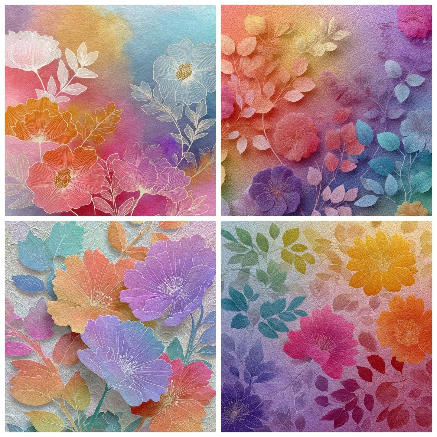 Neon Rainbow Floral Wash Background Digital Paper Pack (DDD007759)