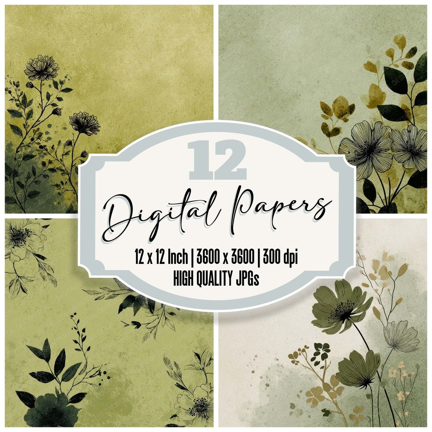 Olive Floral Block Background Digital Paper Pack (DDD007760)