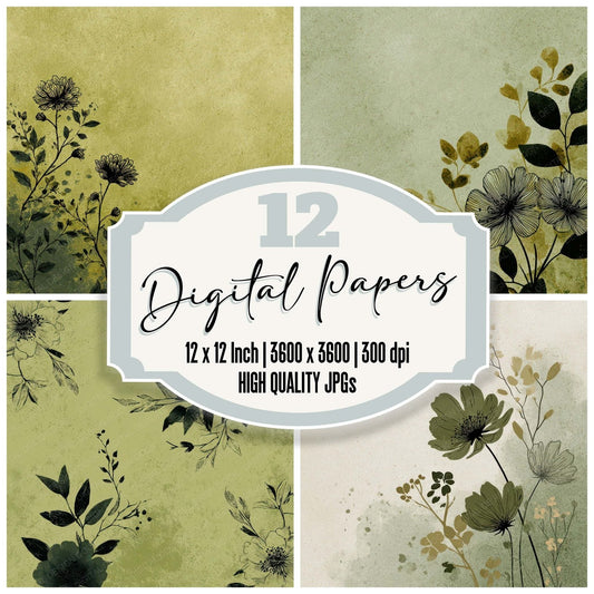 Olive Floral Block Background Digital Paper Pack (DDD007760)