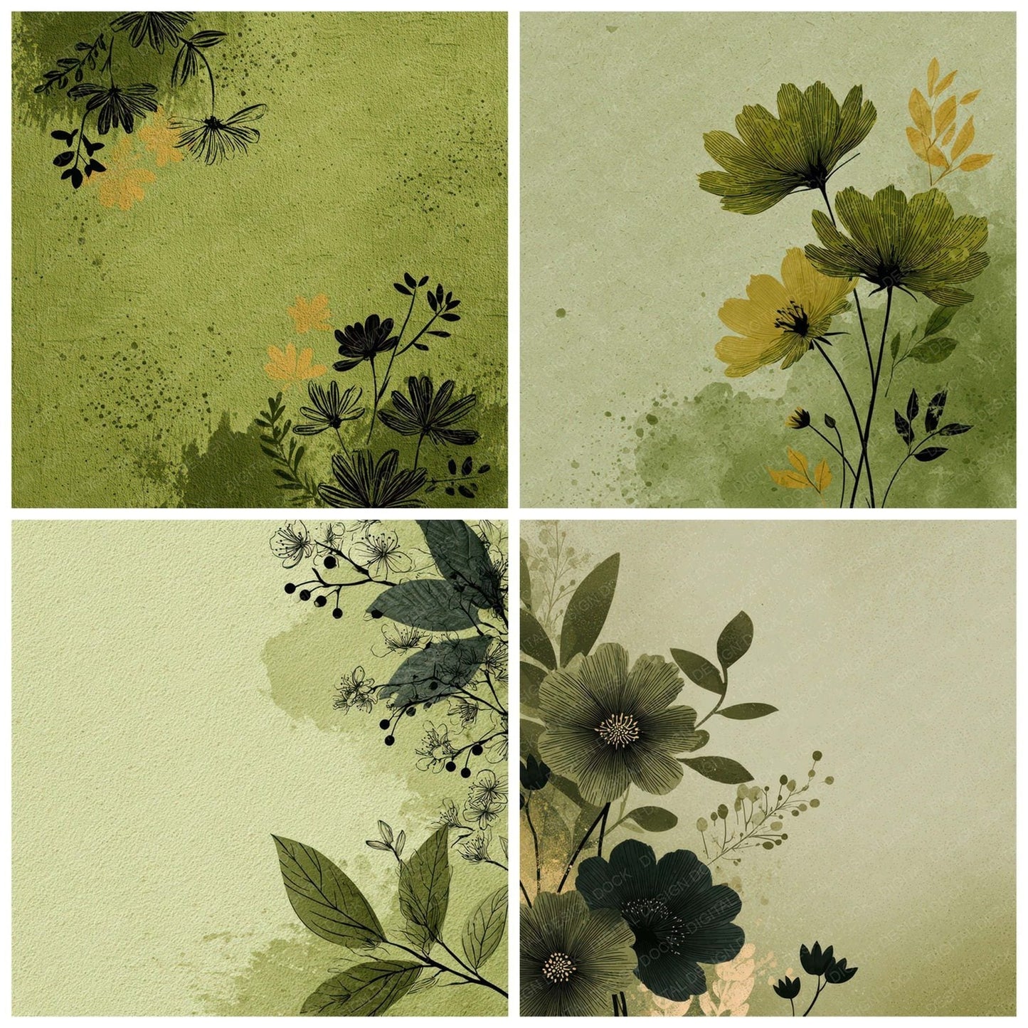 Olive Floral Block Background Digital Paper Pack (DDD007760)