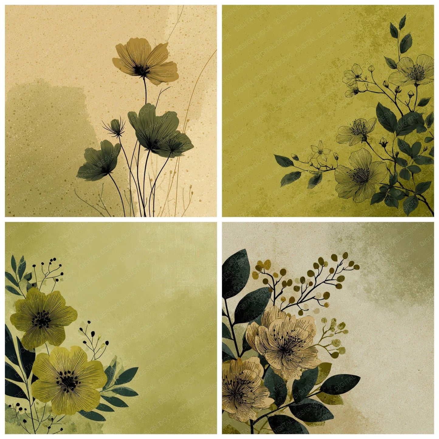 Olive Floral Block Background Digital Paper Pack (DDD007760)