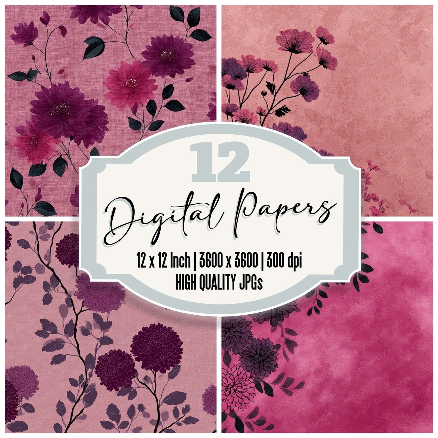 Plum Floral Block Background Digital Paper Pack (DDD007761)