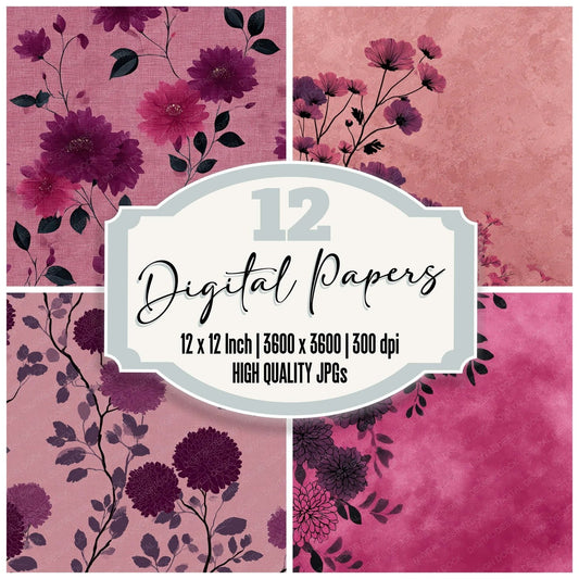 Plum Floral Block Background Digital Paper Pack (DDD007761)