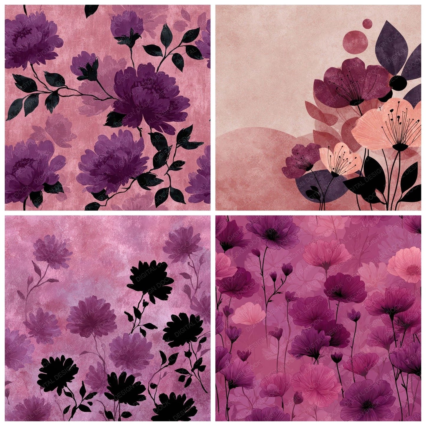 Plum Floral Block Background Digital Paper Pack (DDD007761)