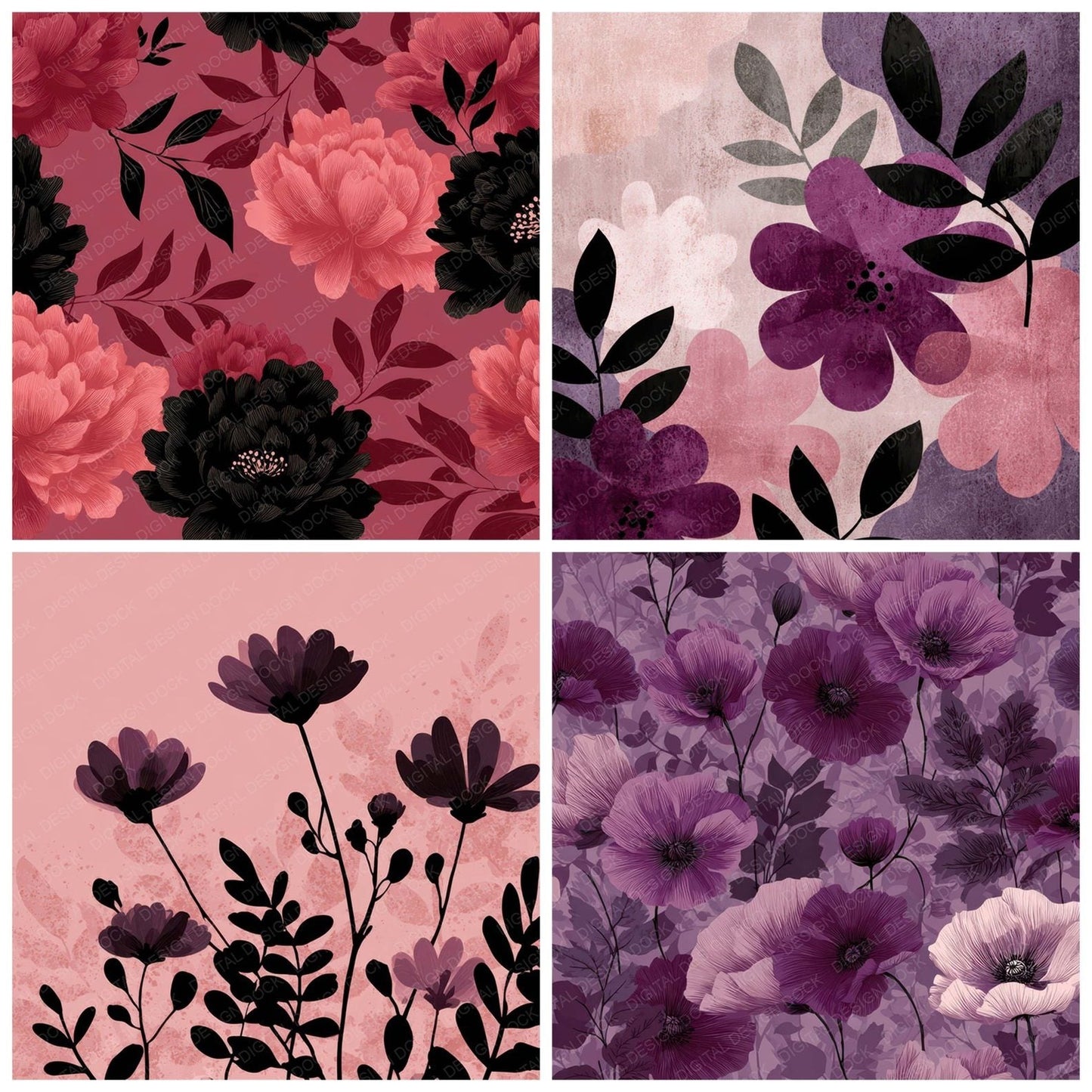 Plum Floral Block Background Digital Paper Pack (DDD007761)