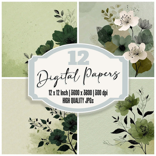 Sage Floral Block Background Digital Paper Pack (DDD007764)