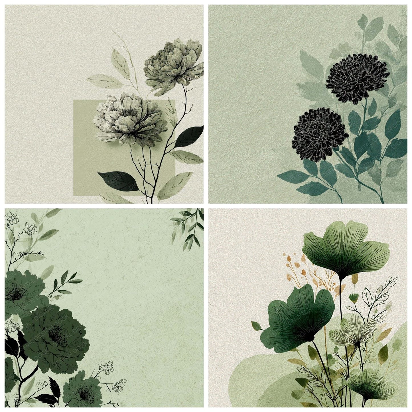 Sage Floral Block Background Digital Paper Pack (DDD007764)