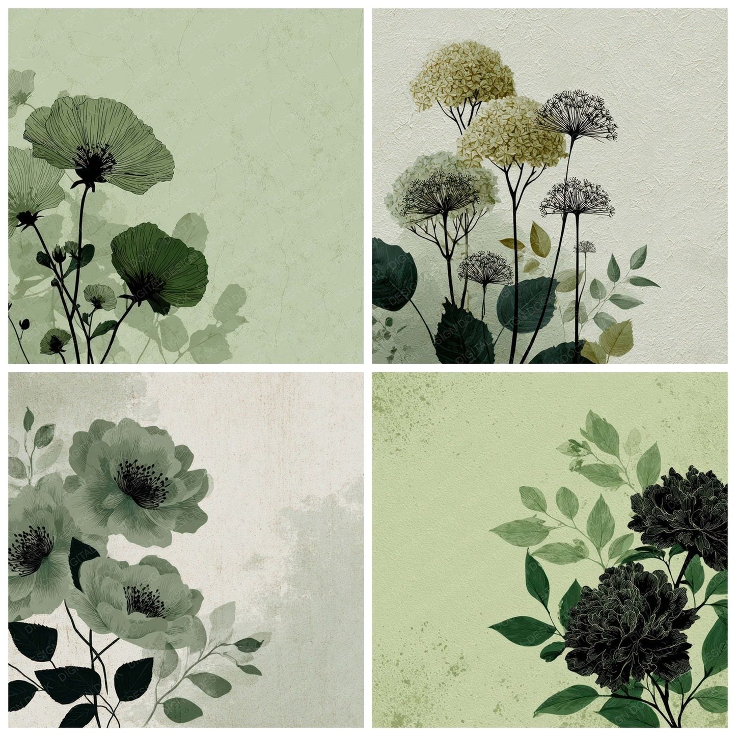 Sage Floral Block Background Digital Paper Pack (DDD007764)