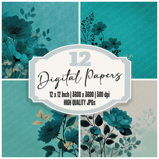 Teal Floral Block Background Digital Paper Pack (DDD007765)