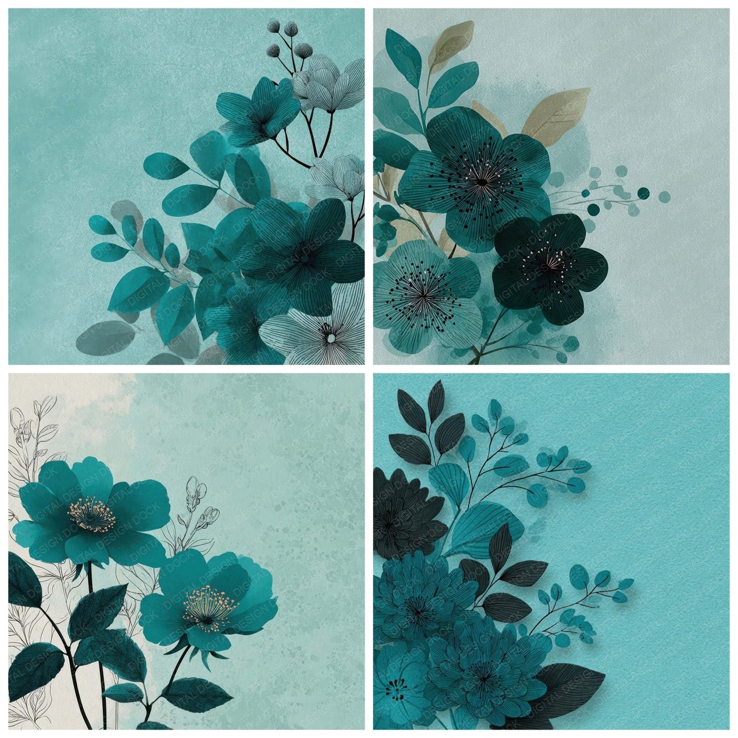 Teal Floral Block Background Digital Paper Pack (DDD007765)