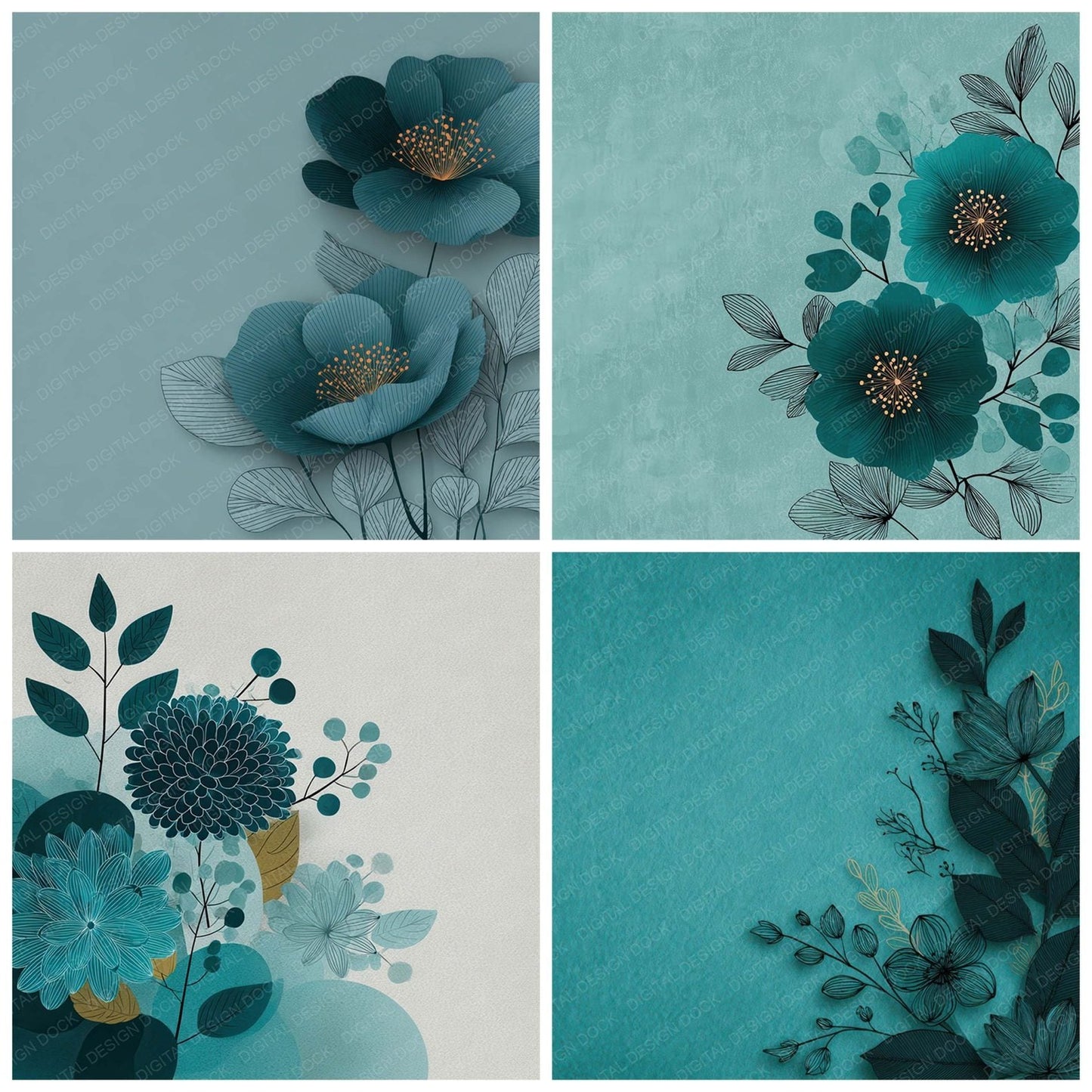 Teal Floral Block Background Digital Paper Pack (DDD007765)